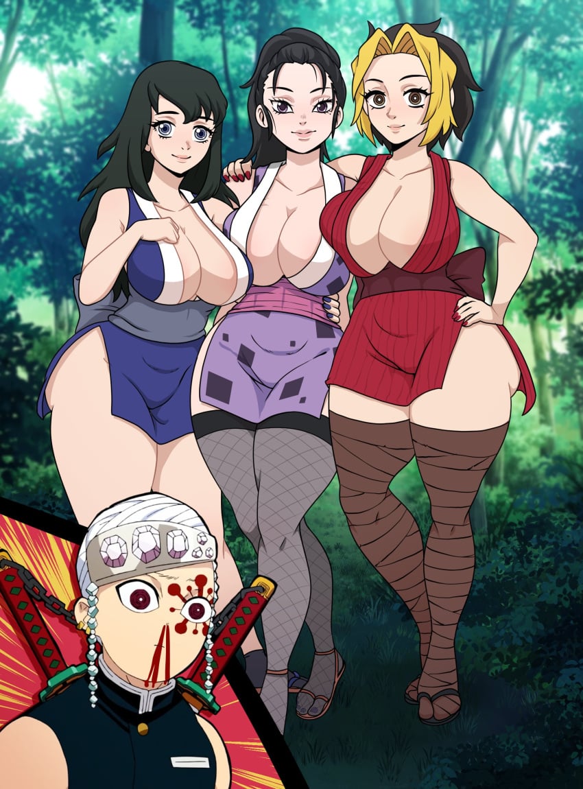 1boy 3girls big_breasts black_hair blonde_hair breast_squish breasts cleavage curvaceous curvy curvy_figure demon_slayer eye_contact female female_focus fishnet_legwear fishnet_thighhighs full_body furanh hand_on_hip harem hinatsuru_(kimetsu_no_yaiba) hourglass_figure huge_breasts husband_and_wives japanese_clothes kimetsu_no_yaiba kunoichi legwear long_hair looking_at_viewer makio_(kimetsu_no_yaiba) mole_under_eye multiple_girls nail_polish nosebleed obi pear_shaped pear_shaped_female pelvic_curtain ponytail red_nails sheer_legwear side_slit smile standing suma_(kimetsu_no_yaiba) tabi the_wives_(kimetsu_no_yaiba) thick_thighs thighhighs thighs two_tone_hair uzui_tengen voluptuous voluptuous_female wide_hips