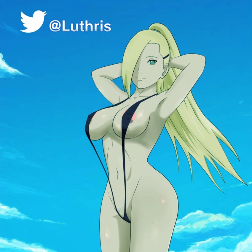 almost_naked aqua_eyes areola arms_behind_head arms_up barely_clothed big_breasts blonde_hair blue_sky boruto:_naruto_next_generations breasts curvaceous erect_nipples erect_nipples_under_swimsuit hair_over_one_eye ino_yamanaka light_blue_eyes looking_at_viewer luthris mature mature_female milf mostly_nude naruto naruto_(series) nipples outdoors ponytail revealing_swimsuit skimpy skimpy_bikini sling_bikini slingshot_swimsuit tied_hair voluptuous wide_hips