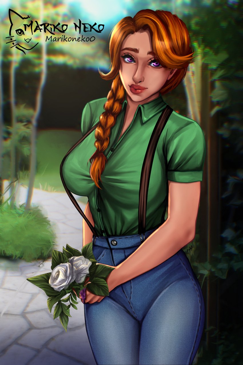 1girls clothed female female female_focus female_only leah_(stardew_valley) marikoneko marikoneko0 red_hair solo solo_focus standing stardew_valley violet_eyes