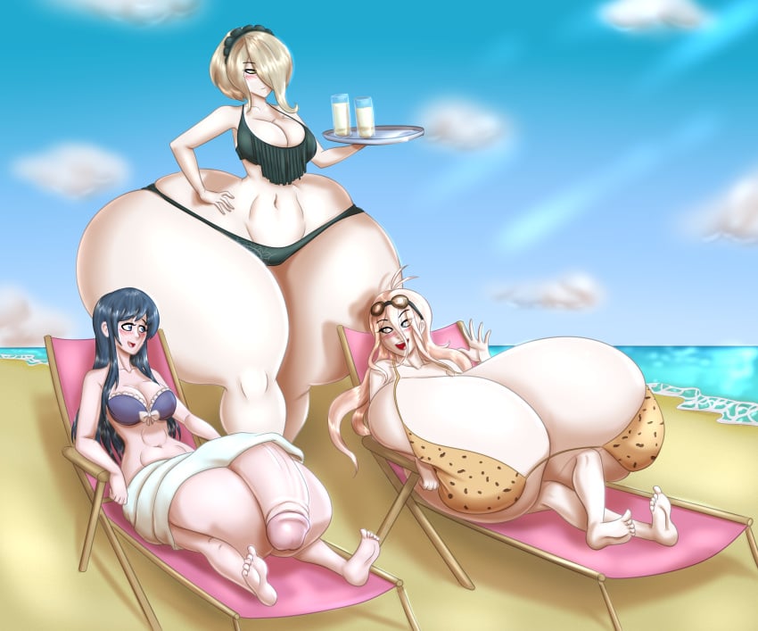 beach beach_chair bikini blue_hair blues64 chatting danganronpa danganronpa:_trigger_happy_havoc danganronpa_v3 futanari goggles_on_head gray_hair huge_breasts huge_butt huge_penis iruma_miu maizono_sayaka marauder6272 relaxing serving_drink toujou_kirumi