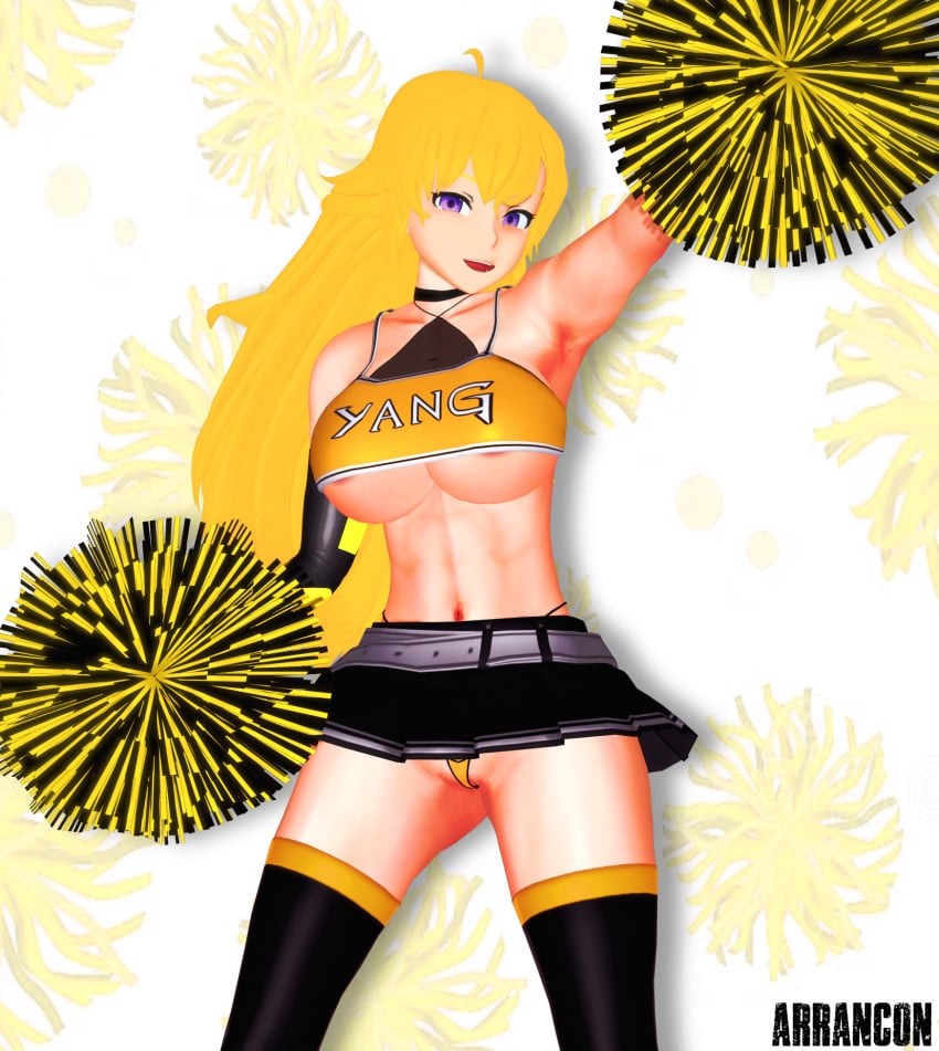 1girls abs arrancon blonde_female blonde_hair cheerleader cheerleader_outfit cheerleader_uniform long_hair long_hair_female nipple_slip pom_poms purple_eyes robotic_arm rwby solo_female yang_xiao_long