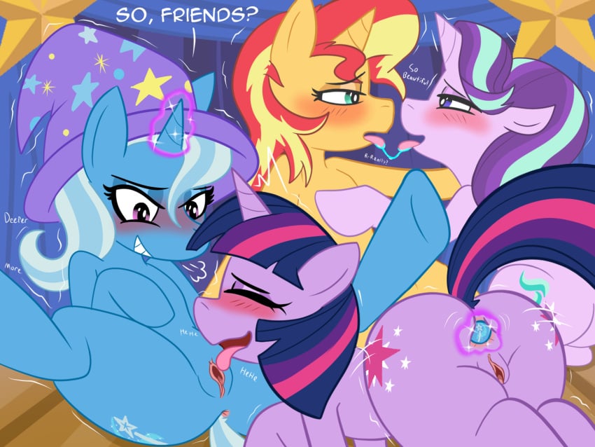 anal anal_sex anus blush buttplug cunnilingus english_text equestria_girls equid equine female female/female feral foursome friendship_is_magic group group_sex hasbro hi_res horn horse making_out mammal my_little_pony mythological_creature mythological_equine mythology oral penetration plug_(sex_toy) pony sex sex_toy starlight_glimmer sunset_shimmer text trixie_(mlp) twilight_sparkle_(mlp) unicorn vagina vaginal_penetration vibrator weirdkoaladream