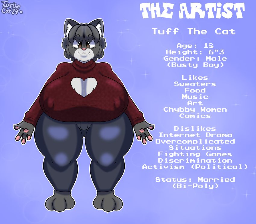 1boy 1femboy big_breasts busty busty_boy character_profile cleavage cleavage_cutout felid feline femboy furry huge_breasts male male_only male_with_breasts solo solo_male thick_thighs tuff_the_cat_(oc) tuffthecat wide_hips