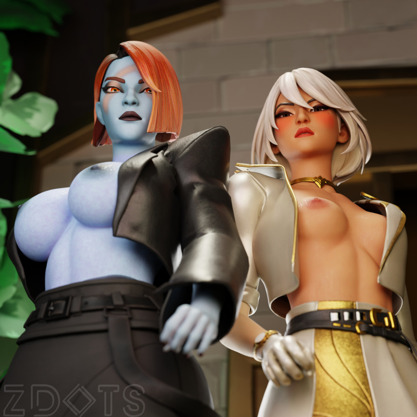 2girls 3d aphrodite_(fortnite) belts black_lipstick blender_(software) blue_skin blush brown_eyes calliope_brando flashing flashing_breasts fortnite fortnite:_battle_royale height_difference leather_jacket looking_at_viewer looking_down open_jacket orange_eyes partially_clothed red_hair side_by_side skirt smol_zdot standing tanned_skin white_hair