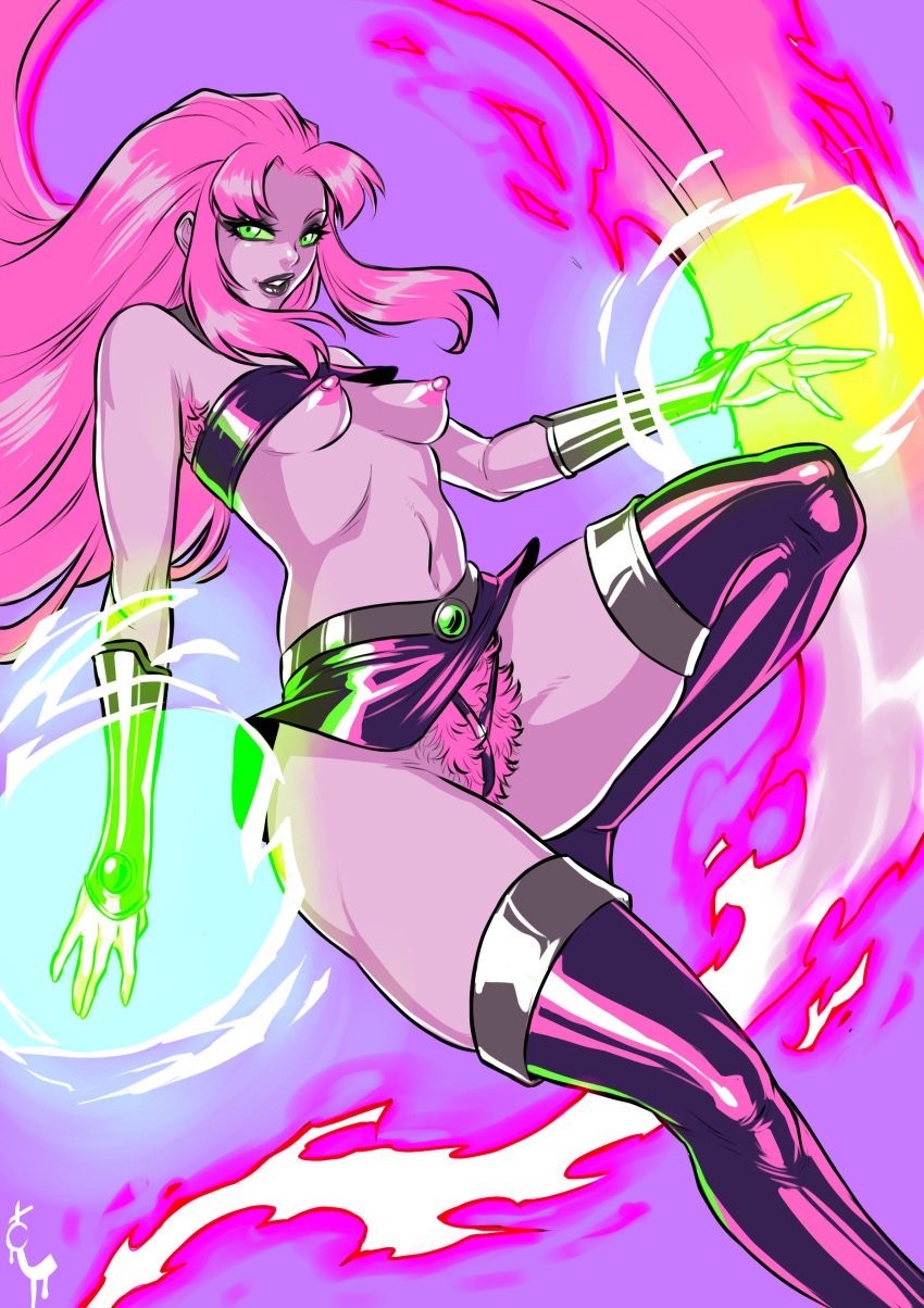 dc_comics energy_ball female female_only flaming_hair green_eyes hairy_pussy miniskirt perky_breasts perky_nipples short_skirt skirt starfire teen_titans thigh_highs