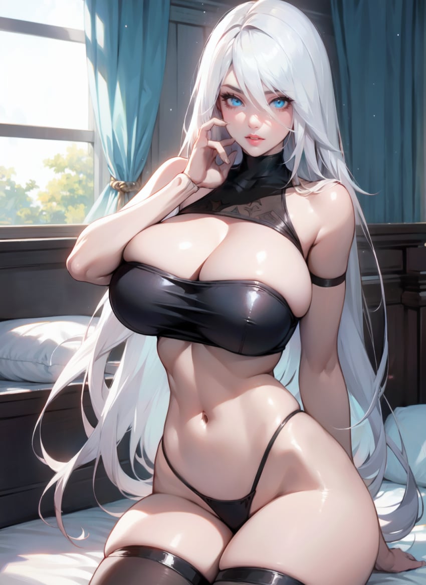 1girls ai_generated bed bedroom bikini bikini_bottom bikini_top cyan_eyes huge_breasts lewdwaifulaifu light_blue_eyes long_hair looking_at_viewer nier nier:_automata nier_(series) robot_humanoid slim_waist thick_thighs thighs white_hair yorha_a2