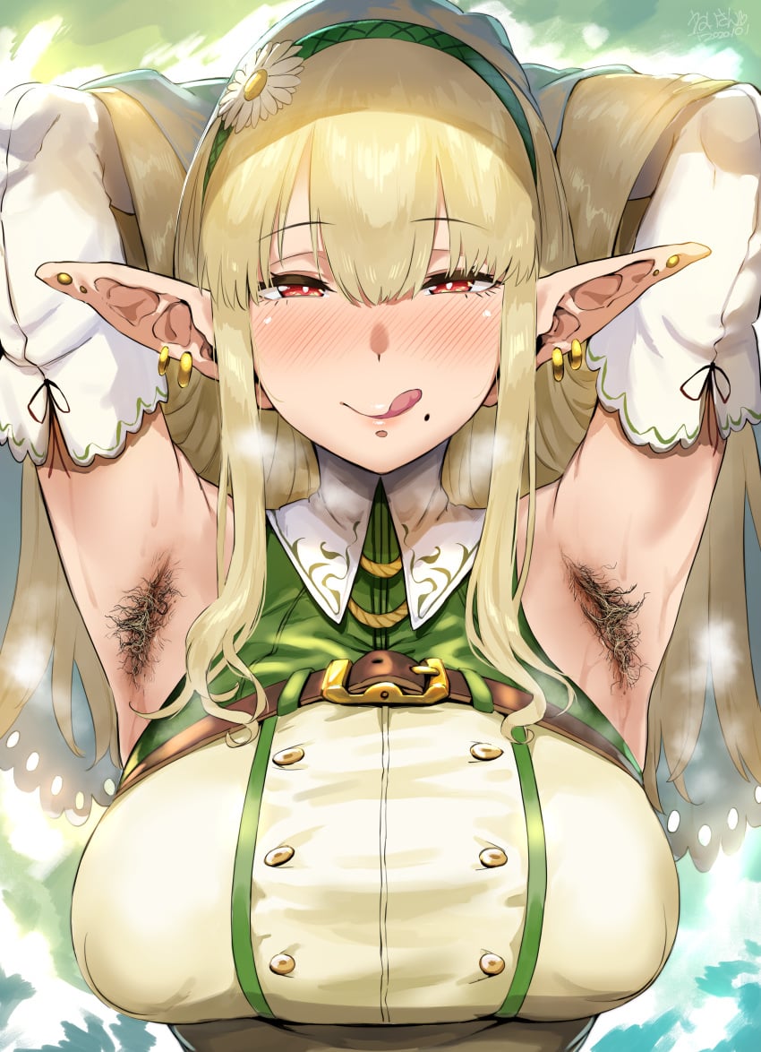 1girls 2020 absurdres areola_bulge armpit_hair armpits arms_behind_head arms_up bangs blonde_armpit_hair blonde_hair blush braid breasts clavicle closed_mouth colored_armpit_hair earrings elf erect_nipples_under_clothes female female_focus hero_neisan high_resolution highres jewelry large_breasts licking_lips long_hair looking_at_viewer mole mole_under_mouth naughty_face nipples original pointy_ears red_eyes seductive_smile smell smile solo steaming_body tied_hair tongue tongue_out upper_body