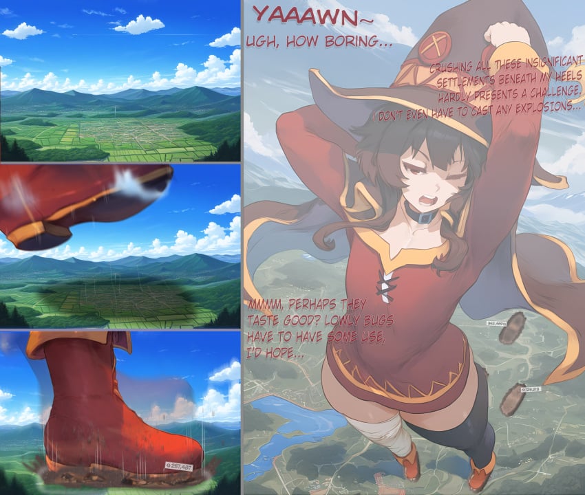 1girls 4koma ai_generated boots brown_hair cape city cityscape dspaceous english_text female female_only flat_chest from_above giantess implied_death kono_subarashii_sekai_ni_shukufuku_wo! megumin mountain robe solo text vore yawn