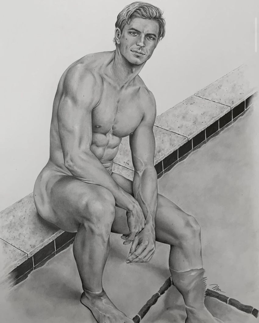 1boy abs biceps black_and_white brad_welch_art caucasian caucasian_male covering_crotch graphite_(artwork) instagram_model keith_manecke male male_only muscles muscular muscular_male pecs pencil_(artwork) real_person sitting solo solo_male uncolored