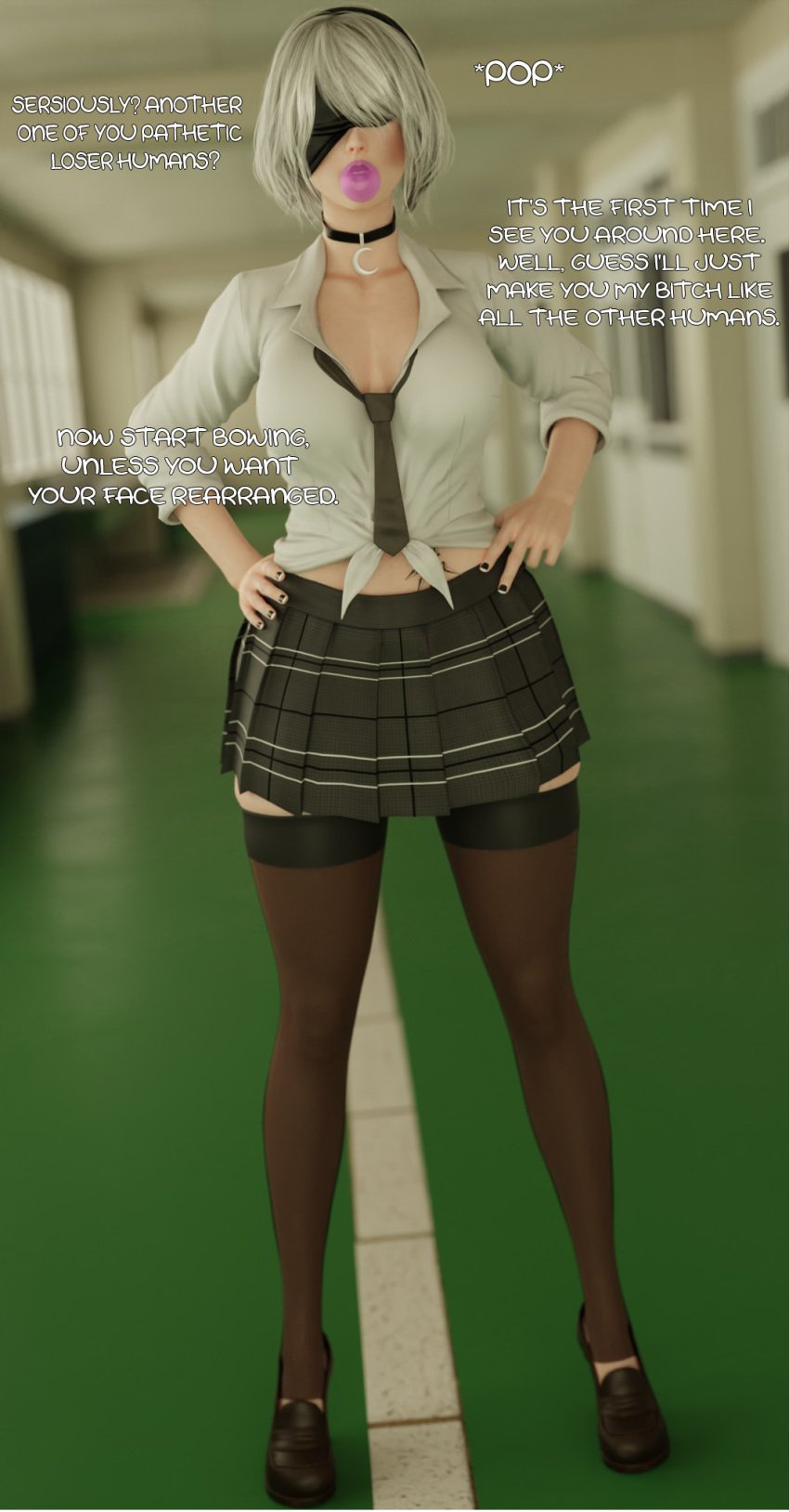 1girls 3d android bad_bitch black_lipstick black_nails blender blindfold bubblegum bully bullying curvy english_text female female_only goth heels high_heels humiliating_viewer humiliation looking_at_viewer necklace nier nier:_automata nier_(series) robot school_uniform short_hair skirt solo stirrup_legwear talking_to_viewer tattoo white_hair yorha_2b your__waifu