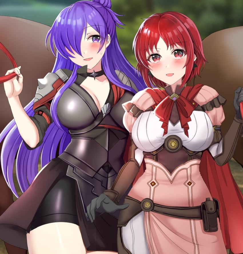 2024 2girls absurdres alternate_costume alternate_hairstyle armor asymmetrical_clothes breasts cape choker cleavage female female_only fire_emblem fire_emblem:_three_houses fire_emblem_warriors:_three_hopes hair_bun hair_over_one_eye highres horse large_breasts light-skinned_female light_skin long_hair medium_breasts monica_von_ochs multiple_girls nintendo official_alternate_costume official_alternate_hairstyle open_mouth purple_eyes purple_hair red_eyes red_hair shez_(female)_(fire_emblem) shez_(fire_emblem) short_hair single_hair_bun tara_(szzj7733)