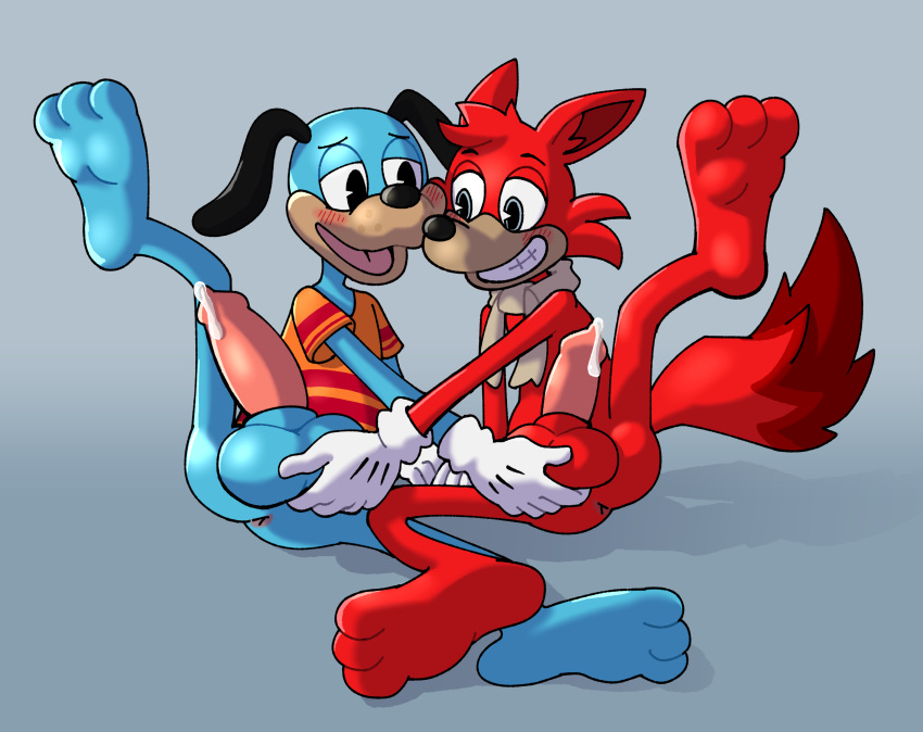 absurd_res anthro anus ball_fondling balls big_penis blue_body blue_fur canid canine canis domestic_dog duo feet flippy_doggenbottom fondling fox fur genitals harry_(toontown) hi_res male mammal penis red_body red_fur sonicinmind toontown_corporate_clash toontown_online toony toony_eyes