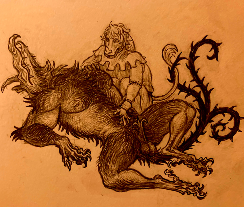 absurd_res anthro arm_hair balls body_hair chest_hair duo forked_tail genitals hairy_balls hi_res humanoid male male/male medieval_clothing medieval_fantasy monster monstrous_humanoid muscular muscular_male petting pubes size_difference summerstag tail unusual_anatomy unusual_tail