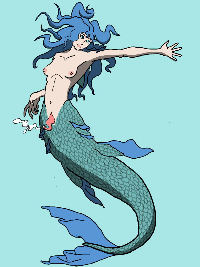 1futa areolae big_breasts blue_hair breasts catdrawer cum futa_only futa_sans_balls futanari humanoid light-skinned_futanari light_skin long_hair mermaid naked nipples nude penis self_upload solo underwater