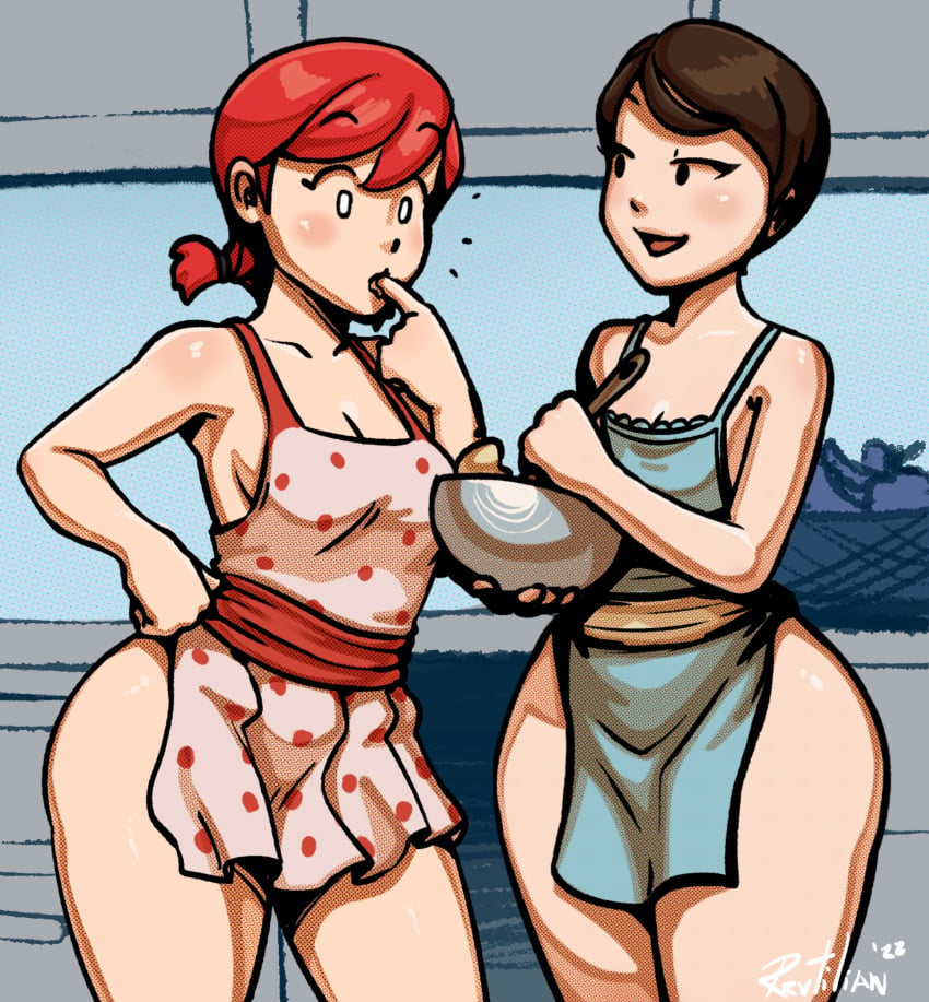 2girls apron apron_only barely_clothed batter blush brown_hair casual clothing curie_(fallout_4) fallout fallout_4 female flare_(revtilian) flare_heggins human mob_face nudist outerwear pale_skin red_hair revtilian short_hair smile thick_thighs tomboy twintails