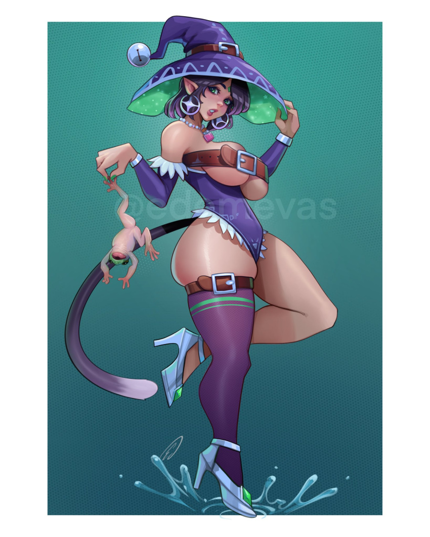 belt_bra beltbra breastless_clothes breastless_clothing edemevas high_heels hoop_earrings horny large_breasts leotard original_character somnia thighhighs witch witch_hat