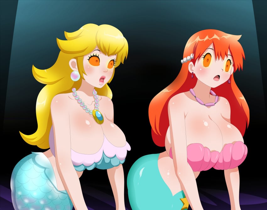 2_mermaids 2girls alternate_breast_size big_breasts big_lips blonde_hair blue_tail breasts cleavage ed-jim edjim female female_only hi_res huge_breasts hypnosis jpeg kasumi_(pokemon) long_hair mario_(series) mermaid mermaid_girl mermaid_only mermaid_peach mermaid_tail misty_(pokemon) multiple_girls orange_eyes pokemon princess_peach princess_peach:_showtime! red_hair scales seashell_bra tail