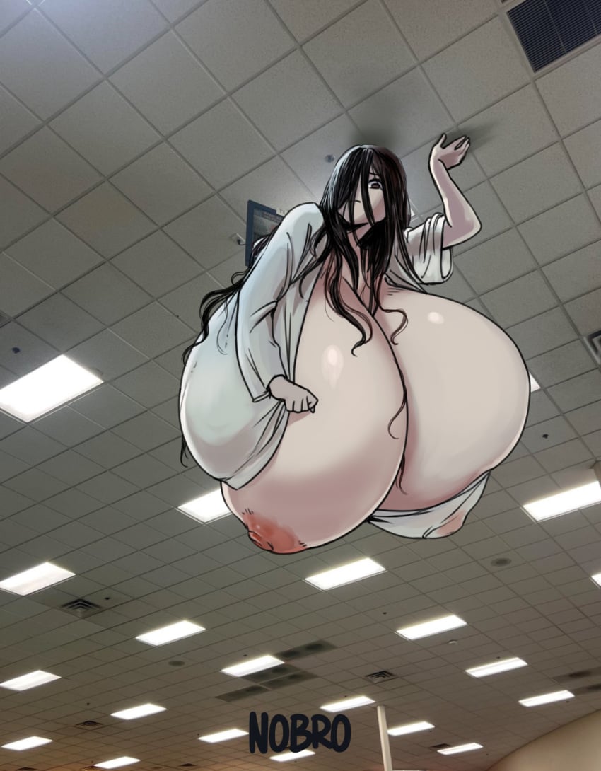 cleavage ghost hanging_breasts huge_breasts hyper looking_down_at_viewer meme nipple_slip nipples_visible_through_clothing nobro stuck the_ring the_tv_that_the_ring_girl_would_break_her_neck_from yamamura_sadako