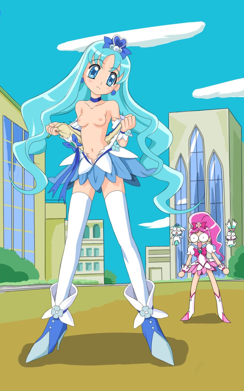 2girls being_watched blue_hair blush breasts clothing cloud creature cure_blossom cure_marine erika_kurumi eye_pop facing_viewer full_body heartcatch_precure! heartcatch_pretty_cure! highres looking_at_viewer magical_girl outdoors pink_hair ponytail precure pretty_cure sky small_breasts stockings tied_hair topless torn_clothes torn_clothing tsubomi_hanasaki undressing zai_jian_kanchou