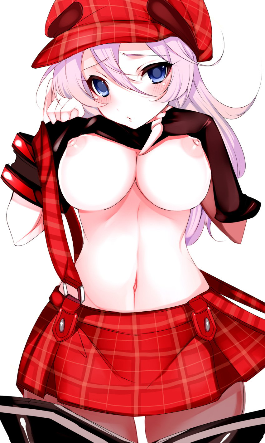 1girls alisa_ilinichina_amiella arisa_iriinchina_amieera blue_eyes blush breasts cabbie_hat female god_eater god_eater_burst hat highres large_breasts lavender_hair navel nipples pantyhose perky_breasts plaid pointy_chin shirt_lift skirt solo tartan tetsubuta