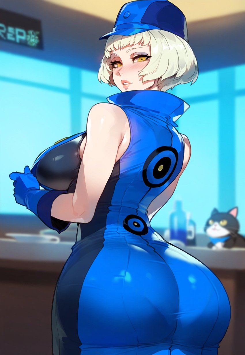 ai_generated atlus big_ass big_breasts blue_uniform blush curvaceous curvy curvy_body curvy_female curvy_figure elizabeth_(persona) feline floox looking_at_viewer looking_back persona persona_3 short_hair tagme thiccwithaq_(ai_style) thick_thighs white_hair wide_hips yellow_eyes