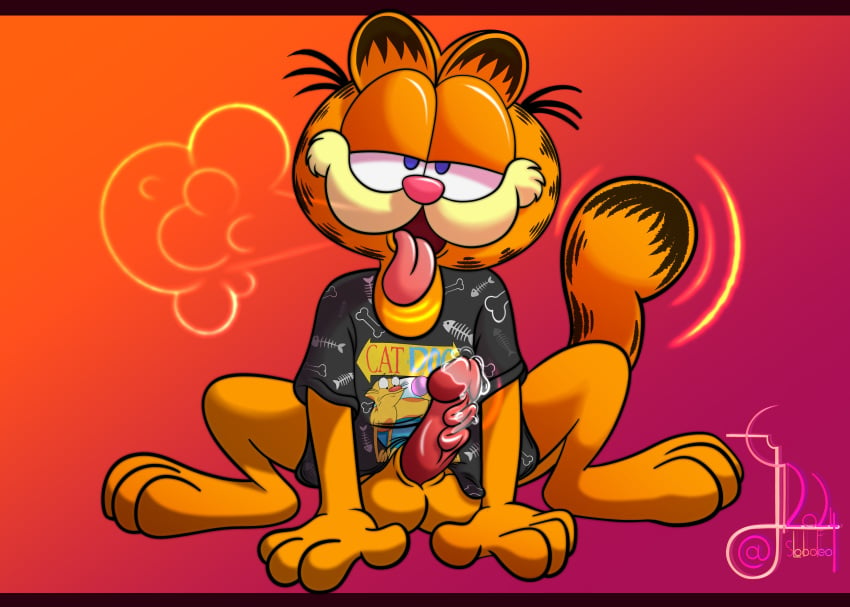 absurd_res anthro aroused aroused_face balls blue_eyes bodily_fluids bottomless bottomless_male catdog_(series) clothed clothing cum cum_drip domestic_cat dripping felid feline felis garfield_(series) garfield_the_cat genital_fluids genitals hi_res lobofeo male mammal nickelodeon paramount_pictures paws,_inc. precum precum_drip shirt solo sweat topwear