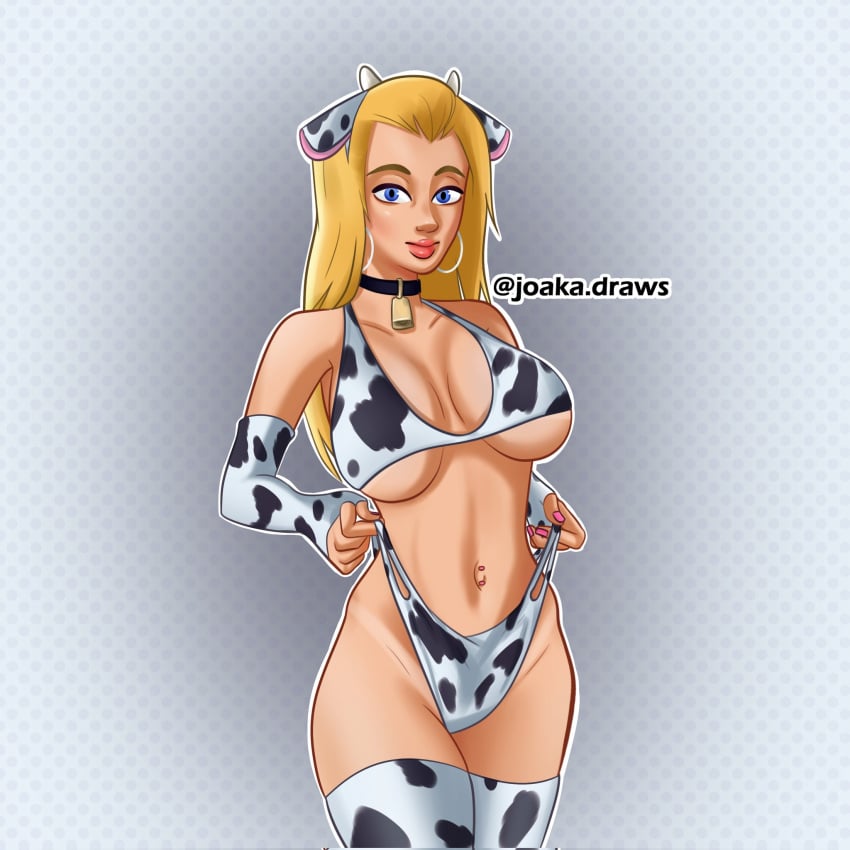 1girls 2d 2d_(artwork) armwear bell_collar big_breasts bikini bikini_bottom bikini_top blonde_hair blonde_hair blue_eyes bra breasts cleavage cow_bikini cow_ears cow_print cow_print_armwear cow_print_bikini cow_print_legwear cow_print_thighhighs digital_drawing_(artwork) digital_media_(artwork) earrings female female_focus female_only joakadraws legwear light-skinned_female light_skin long_hair looking_at_viewer nipple_piercing outfit panties presenting roxxy_(summertime_saga) simple_background solo solo_focus summertime_saga tanline thick_thighs thong_panties thong_pull thong_straps underwear