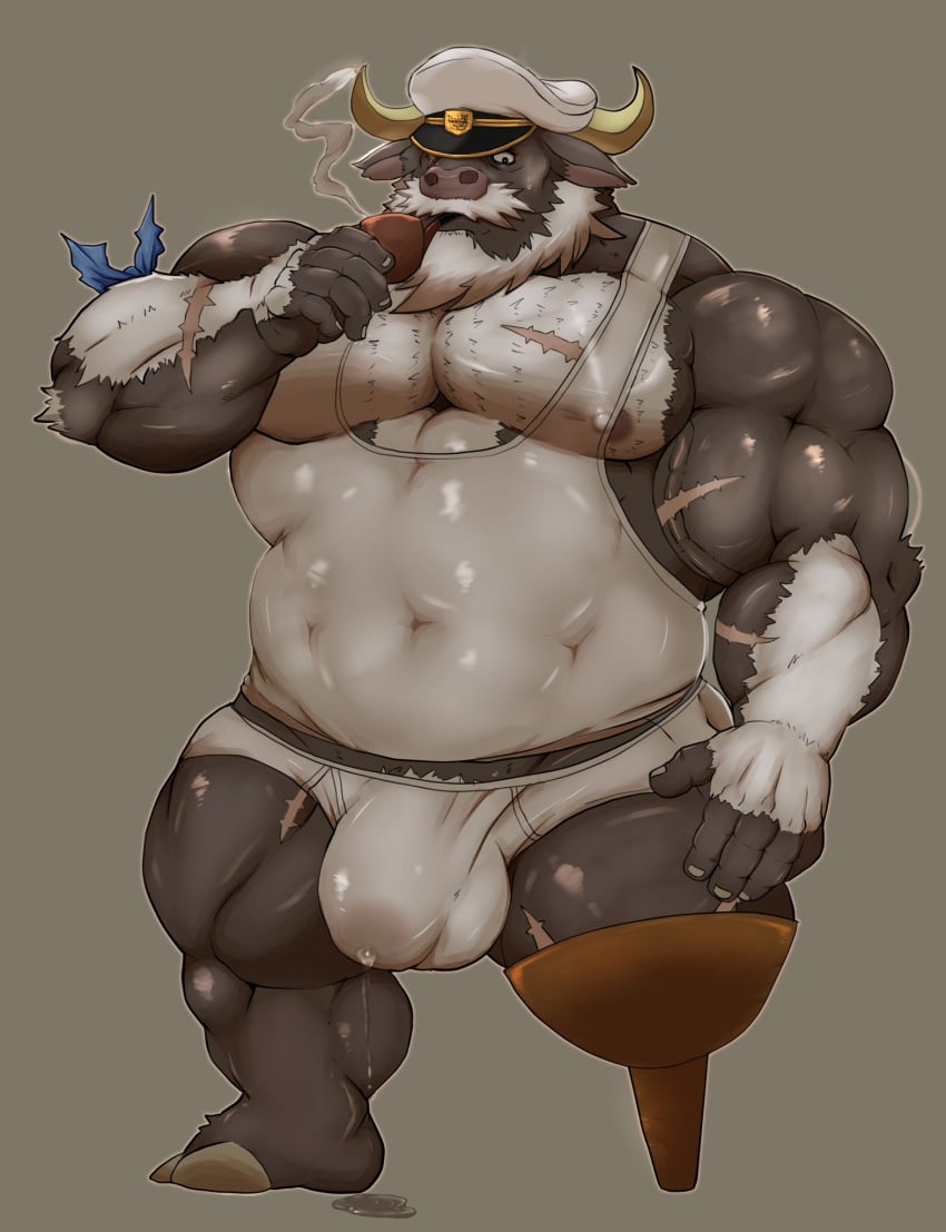 abs ahab_(tokyo_afterschool_summoners) anthro beard belly biceps big_bulge black_body black_fur bodily_fluids bovid bovine briefs bulge cigar clothing facial_hair fur genital_fluids hair hi_res horn huge_bulge lifewonders male mammal mature_male musclegut muscular navel nipples pecs pegleg precum precum_through_clothing scar smoking solo tenjyo_k tokyo_afterschool_summoners true_buffalo underwear water_buffalo wet wet_clothing white_hair