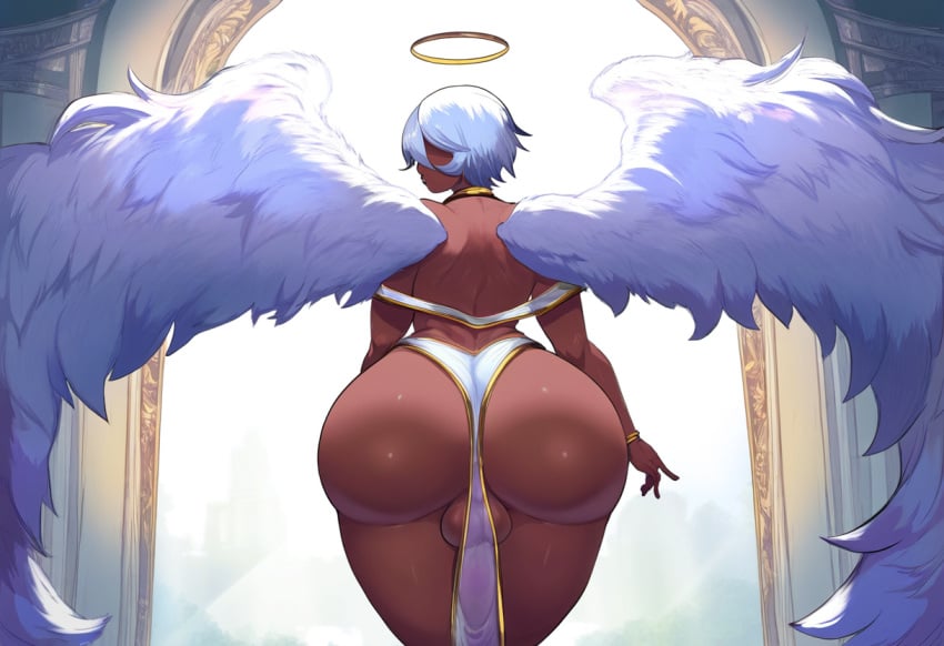 1boy ai_generated alriel angel angel_wings anus big_penis dark-skinned_male dark_skin femboy halo heaven heavenly_ass huge_ass hung_trap inviting light novelai original original_character penis see-through solo testicles thick_thighs