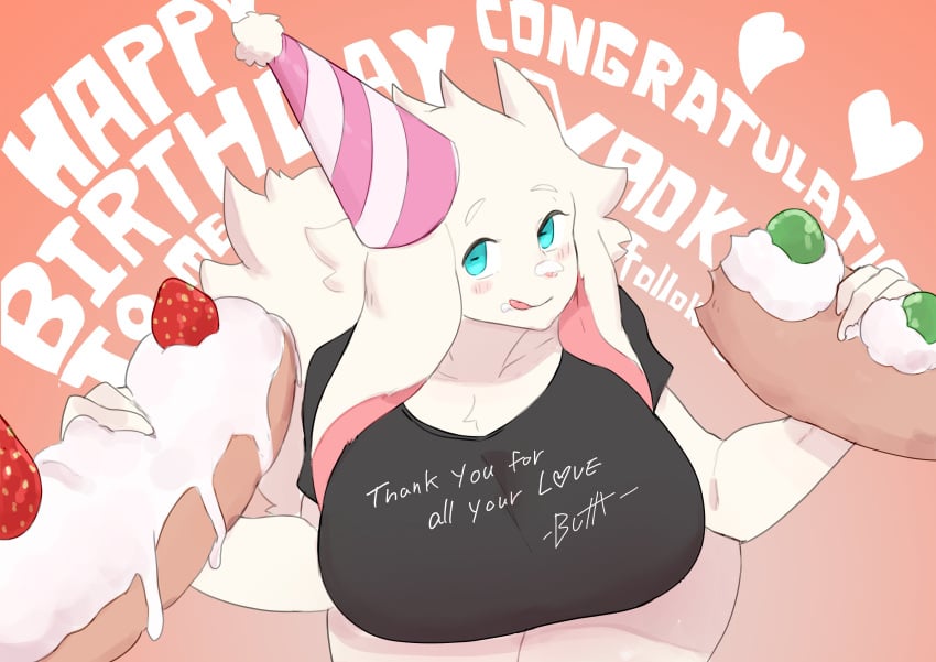 1girls :q absurd_res anthro big_breasts biped birthday_hat blush bovid buta99 caprine english_text female female_only food fur goat happy_birthday heart_symbol horizontal_pupils licking licking_lips looking_at_viewer mammal pupils sexually_suggestive smiling smiling_at_viewer solo text text_on_clothing tongue tongue_out vanilla_(buta99) white_body white_fur