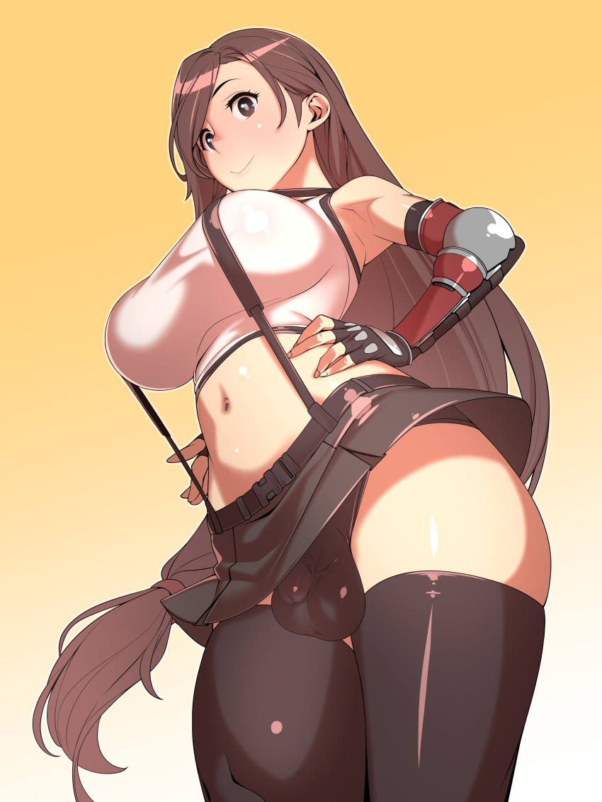 1futa balls bare_shoulders beltskirt black_skirt breasts brown_eyes brown_hair bulge clothed clothing elbow_gloves elbow_pads final_fantasy final_fantasy_vii fingerless_gloves flaccid from_behind fully_clothed futa_only futanari gloves hand_on_hip large_breasts leaning leaning_to_the_side light-skinned_futanari light_skin long_hair low-angle_view low-tied_long_hair midriff miniskirt navel pencil_skirt penis shirt skirt smile solo standing suspenders tank_top thighhighs thighs tifa_lockhart tomoyuki_kotani yellow_background zettai_ryouiki