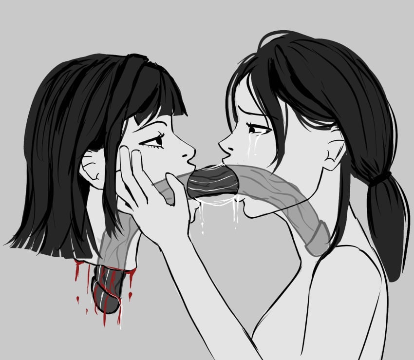 2girls black_eyes black_hair blank_eyes blood death decapitation double_dildo double_dildo_deepthroat female_death guro juxtapose11 kissing multiple_girls necrophilia ponytail severed_head tears x-ray