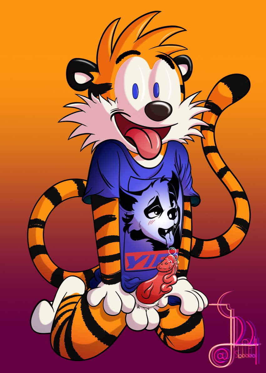 absurd_res anthro aroused balls bodily_fluids bottomless bottomless_male calvin_and_hobbes clothed clothing cum cum_drip dripping felid genital_fluids genitals hi_res hobbes lobofeo male mammal pantherine penile_spines penis pinup pose sex shirt solo tiger tongue tongue_out topwear