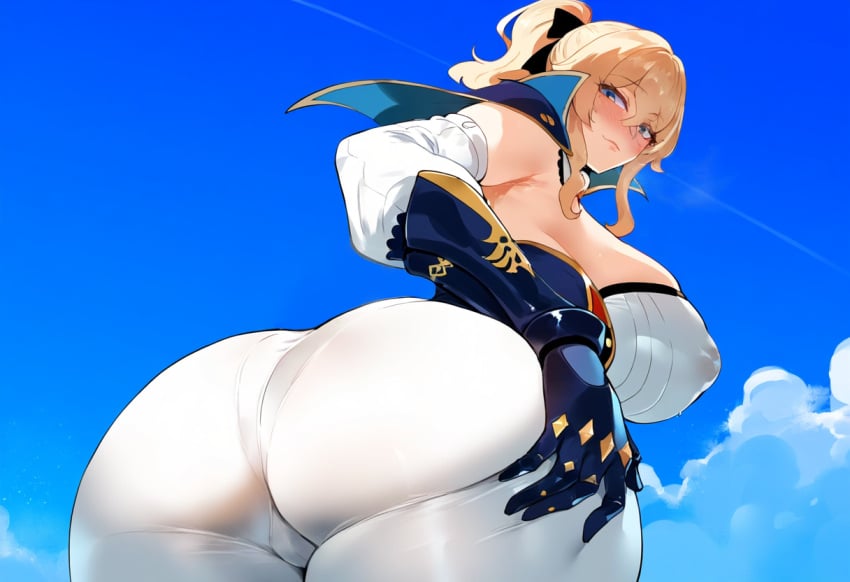 1girls ai_generated big_ass big_ass_(female) big_butt blonde_hair blue_eyes from_below genshin_impact henrik_n huge_ass huge_breasts jean_gunnhildr leotard_under_clothes light-skinned_female looking_at_viewer looking_down nipple_bulge nipples_visible_through_clothing novelai pale-skinned_female pawg thiccwithaq_(ai_style) tight_clothing