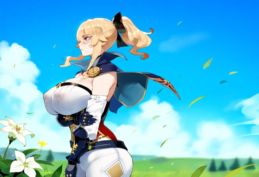 1girls ai_generated blonde_hair blue_eyes genshin_impact henrik_n huge_breasts jean_gunnhildr light-skinned_female looking_away nipple_bulge nipples_visible_through_clothing novelai pale-skinned_female solo thiccwithaq_(ai_style) thick_thighs