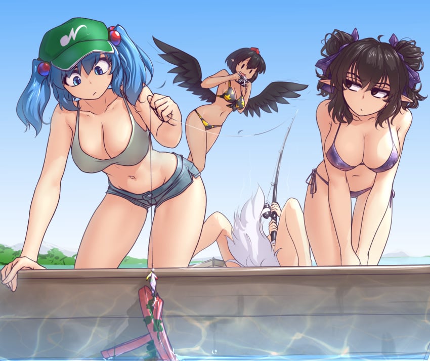 4girls alternate_hairstyle bait bare_arms bare_legs bare_shoulders big_breasts bikini bikini_top_only black_eyes black_hair black_headwear black_wings blue_eyes blue_hair breasts camera cleavage covered_erect_nipples day double_bun feathered_wings fishing fishing_rod flying green_headwear hair_bobbles hair_ornament halterneck hand_up hat hatate_himekaidou hater_(hatater) highres himekaidou_hatate holding horizon inubashiri_momiji kawashiro_nitori kneeling large_breasts looking_to_the_side lying minishorts momiji_inubashiri multiple_girls navel nitori_kawashiro outdoors pointy_ears purple_bikini shameimaru_aya short_hair short_shorts shorts side-tie_bikini_bottom string_bikini summer swimsuit tail tan tokin_hat touhou two_side_up v_arms water wings wolf_tail