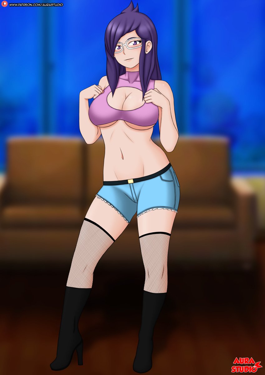 1girls absurd_res aurastudio bare_shoulders belt blush cleavage clothed collarbone denim_shorts female female_only femsub fishnets glasses happy high_heels huge_breasts jean_shorts leaning_aside lilzy_(shadowaxe) long_hair navel original posing posing_for_the_viewer purple_eyes purple_hair shorts smile solo text thighhighs tomboy tubetop watermark wholesome wide_hips