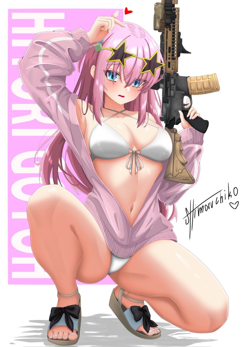 1girls artist_name assault_rifle bare_shoulders bikini blush bocchi_the_rock! breasts cube_hair_ornament eyewear_on_head female full_body gotou_hitori gun hair_ornament highres holding holding_gun holding_weapon jacket long_hair looking_at_viewer m4_carbine navel open_mouth pink_hair pink_jacket rifle scope self_upload shimoruchiko shoes signature simple_background solo spread_legs squatting stomach string_bikini sunglasses swimsuit tinted_eyewear tiptoes watermark weapon white_background white_bikini