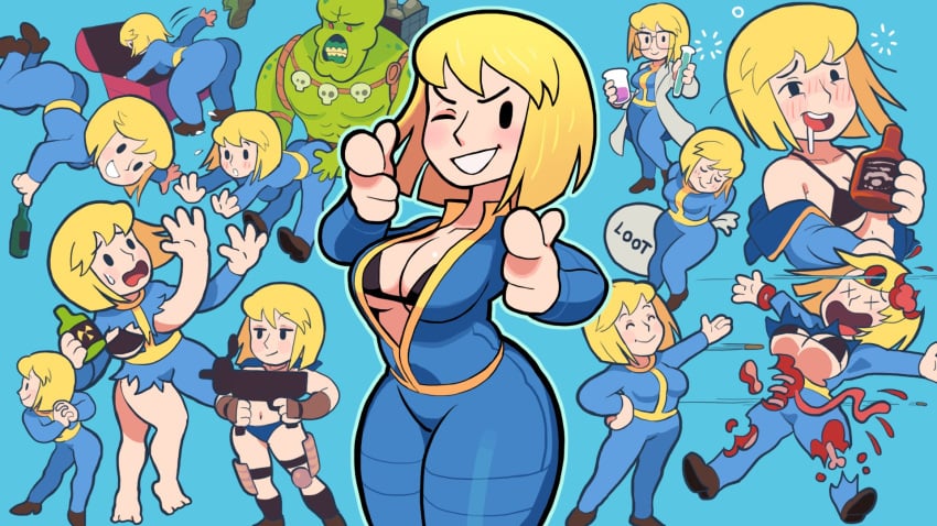 alcohol blonde_hair blush cartoony cleavage clothing drunk fallout gun jumpsuit looking_at_viewer mob_face one_eye_closed open_clothes pointing short_hair super_mutant super_mutant_behemoth thick_thighs uejini vault_dweller vault_girl vault_suit