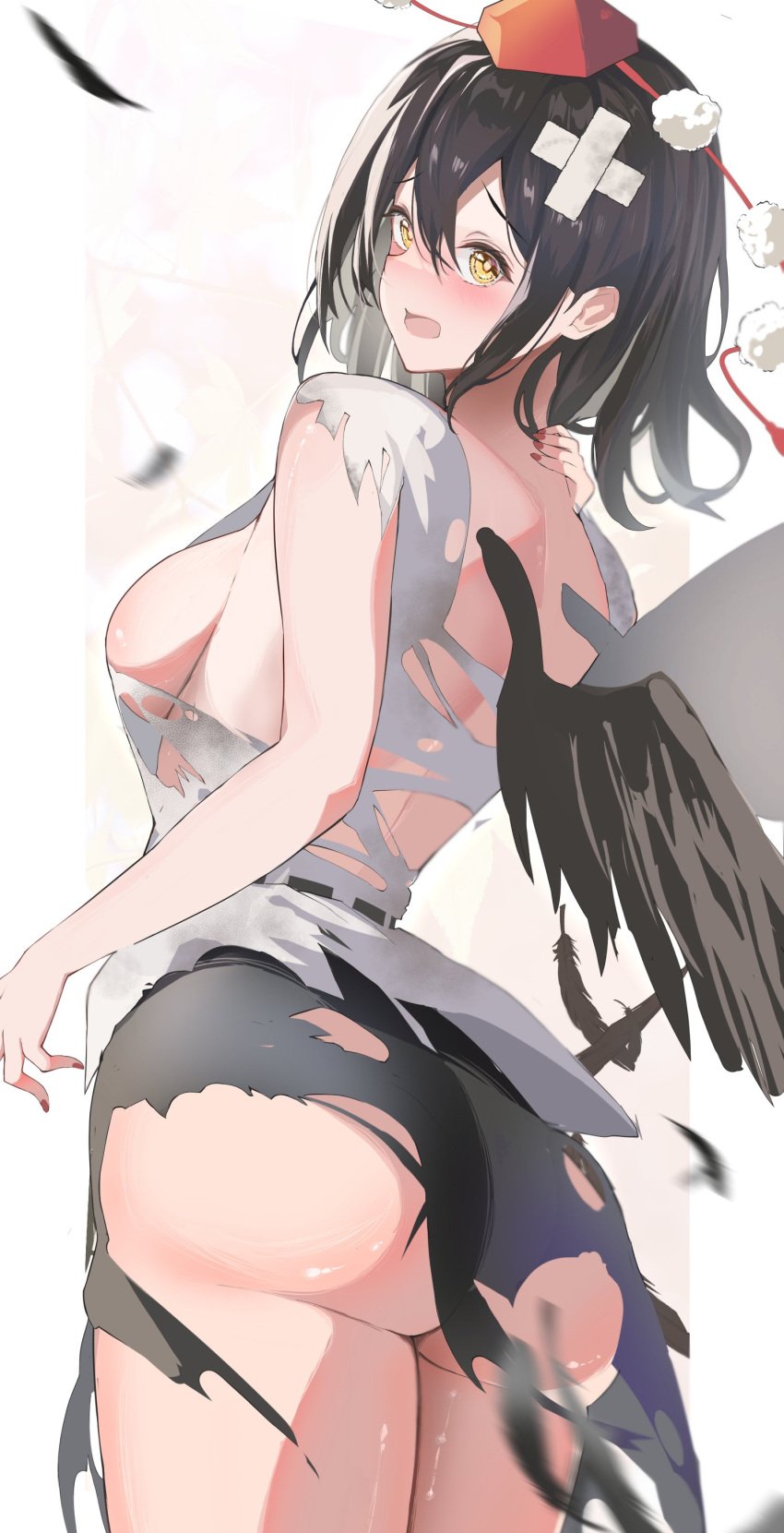 258n absurdres bandaid big_butt black_hair black_skirt black_wings breasts brown_eyes butt cowboy_shot female from_behind hat highres large_breasts looking_at_viewer looking_back pom_pom_(clothes) red_headwear shameimaru_aya shirt short_hair short_sleeves simple_background skirt solo standing tokin_hat torn_clothes touhou white_background white_shirt wings