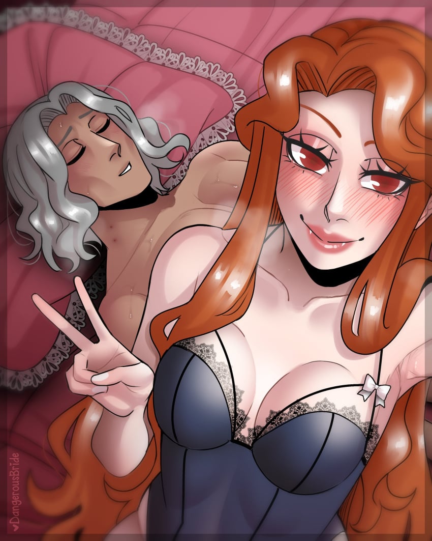 1boy 1girls bite_mark bite_mark_on_neck blush castlevania castlevania_(netflix) closed_eyes corset dangerousbride female grey_hair guy_tired_after_sex_(meme) hector_(castlevania) lenore_(castlevania) lingerie long_hair looking_at_viewer male meme orange_hair red_eyes selfie smiling smiling_at_viewer v_sign vampire very_high_resolution