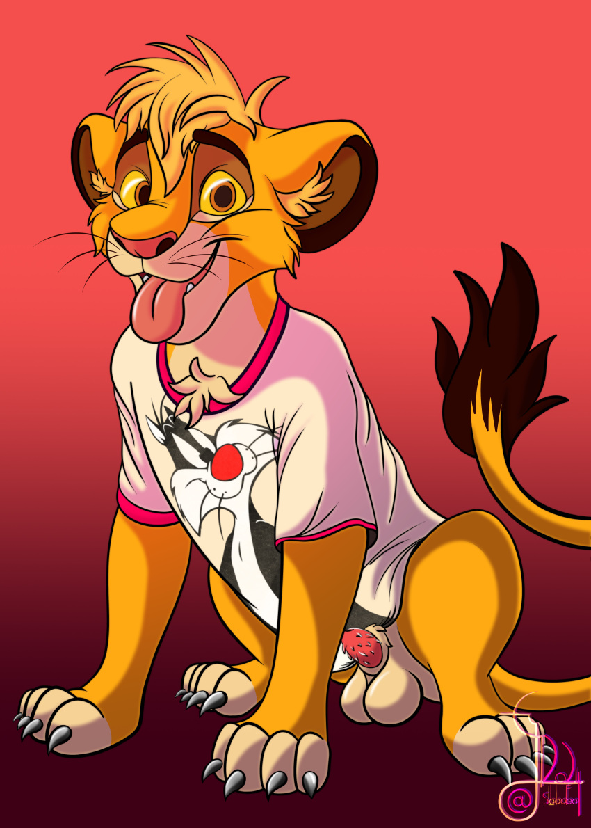 absurd_res aroused aroused_smile balls bottomless bottomless_male clothed clothing disney domestic_cat felid feline felis feral furry genitals hi_res lion lobofeo looney_tunes male mammal pantherine penile_spines penis simba_(the_lion_king) solo sylvester the_lion_king warner_brothers