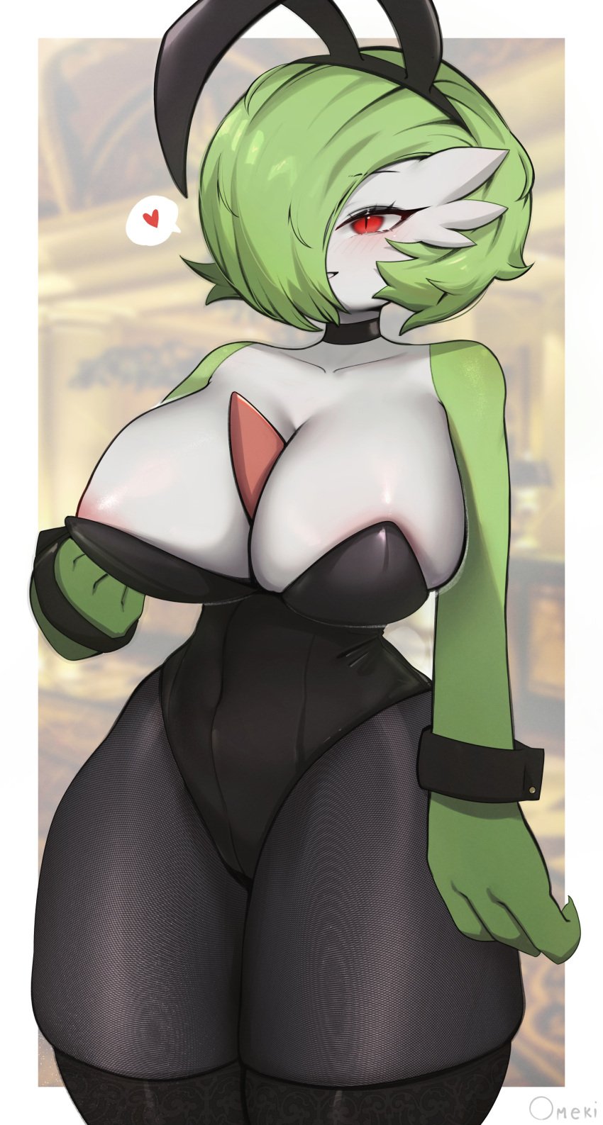 2024 areola areola_slip big_breasts breasts bunny_ears bunnysuit choker clothing fake_ears fake_rabbit_ears female front_view gardevoir generation_3_pokemon green_hair hair hair_over_eye heart_symbol huge_breasts humanoid jewelry leggings legwear leotard necklace nintendo omeki one_eye_obstructed pink_areola playboy_outfit pokemon pokemon_(species) pokemon_rse red_eyes shirt_cuffs skindentation small_waist smile solo standing thick_thighs thigh_highs tight_clothing very_high_resolution white_body wide_hips