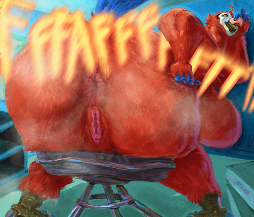 anthro anus ass avian beak big_anus big_breasts big_butt bird brachiosass breasts eyelashes fart fart_cloud fart_fetish feather_markings feathers female hand_on_beak hi_res holding_nose huge_breasts huge_butt hyper hyper_fart markings non-mammal_breasts nude open_beak open_mouth overweight overweight_female parrot red_body red_feathers sitting solo white_body white_feathers white_markings