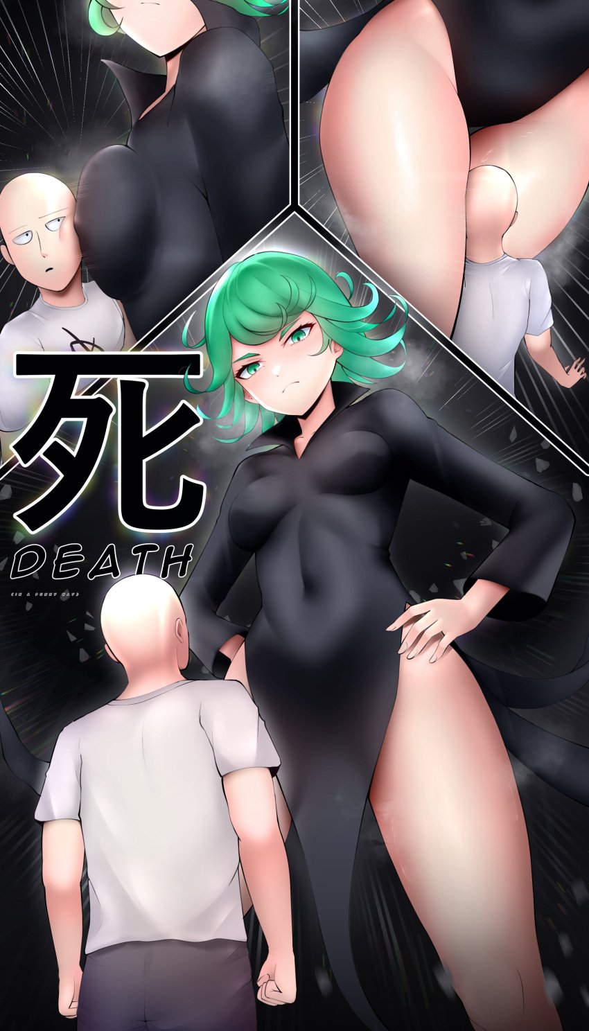 1boy 1girls anime bald bald_man breasts clothed clothed_female clothed_male giantess giganticjoke glaring glaring_at_another green_eyes green_hair growing growth height_difference looking_down looking_up manga medium_hair mini_giantess one-punch_man petite petite_body petite_female saitama size_difference small_breasts tall_female tall_girl tall_woman taller_female taller_girl taller_woman tatsumaki thighs