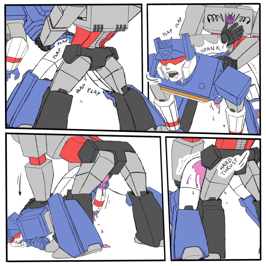 alien alien_humanoid alien_male comic comic_page cybertronian from_behind gay grabbing_waist male male/male male_penetrating megatron nuefass orgasm precum precum_drip robot robot_humanoid simple simple_coloring simple_shading smacking_ass soundwave spanking thrusting thrusting_hard thrusting_into_ass transformers transformers_g1