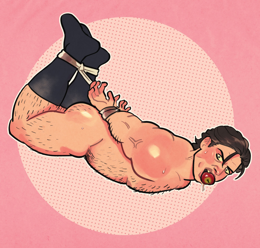 apple_in_mouth bara barazoku bondage bridalbeast dad_bod dilf fanart hairy male male_only mark_hoffman pinup rope_bondage saw_(series) tied_arms tied_legs tied_up