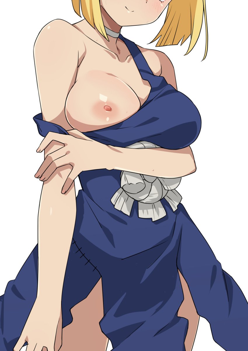 blonde_hair blue_dress blush breasts choker closed_mouth commentary_request dr.stone dress female head_out_of_frame highres kohaku_(dr.stone) large_breasts long_hair looking_at_viewer morisobo nipples one_breast_out short_hair simple_background smile solo standing thighs white_background white_choker