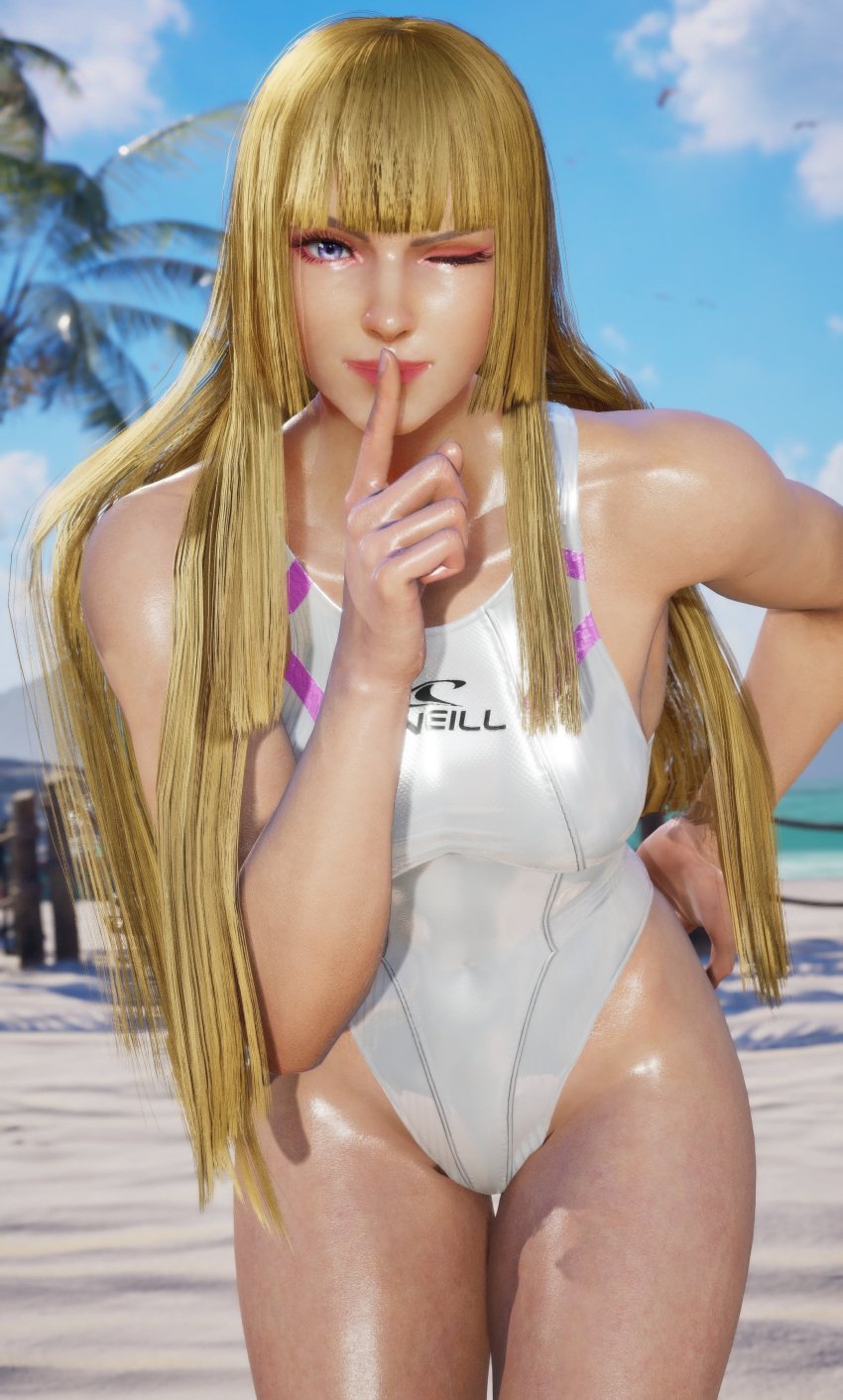 1girls beach big_breasts blonde_hair emilie_de_rochefort female female_only hushing mod omegaxsmash swimsuit tekken tekken_8 thick_thighs wink