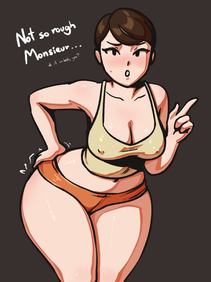 1girls :o big_breasts blush brown_hair clothing crop_top curie_(fallout_4) dialogue fallout fallout_4 french french_accent hand_on_hip hips_wider_than_shoulders looking_at_viewer mob_face revtilian short_hair short_shorts shorts standing sweatdrop thick_thighs visible_nipples